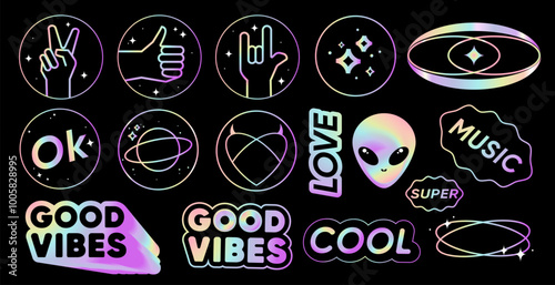 Holographic sticker labels signs icons Y2K Retro style with hologram effect set.Hologram text quote label.Iridescent icons with hand gestures,ok,cool,super,love, heart, good vibes,party message.Vector photo