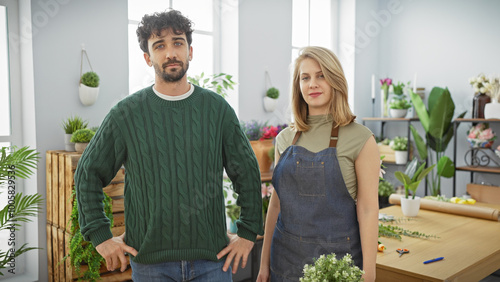 Man and woman standing together in a flower shop surrounded by various plants and flower arrangements. photo