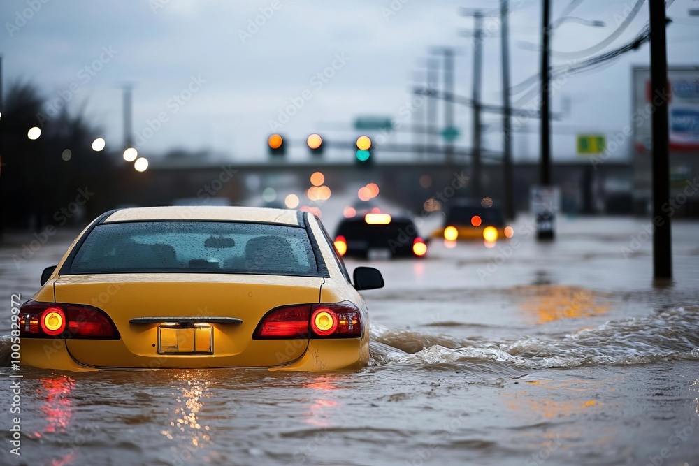 Flooded street with yellow car submerged in water, urban disaster, storm aftermath. Flooded street with yellow car submerged in water, urban disaster, storm aftermath.