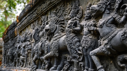 The intricate stone reliefs at Phimai Sanctuary, depicting scenes from Hindu mythology.