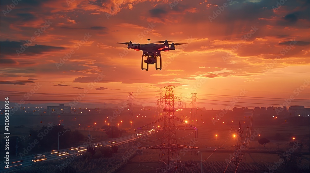 A drone flying past a power transmission tower, with a sunset in the background. A drone flying past a power transmission tower, with a sunset in the background.