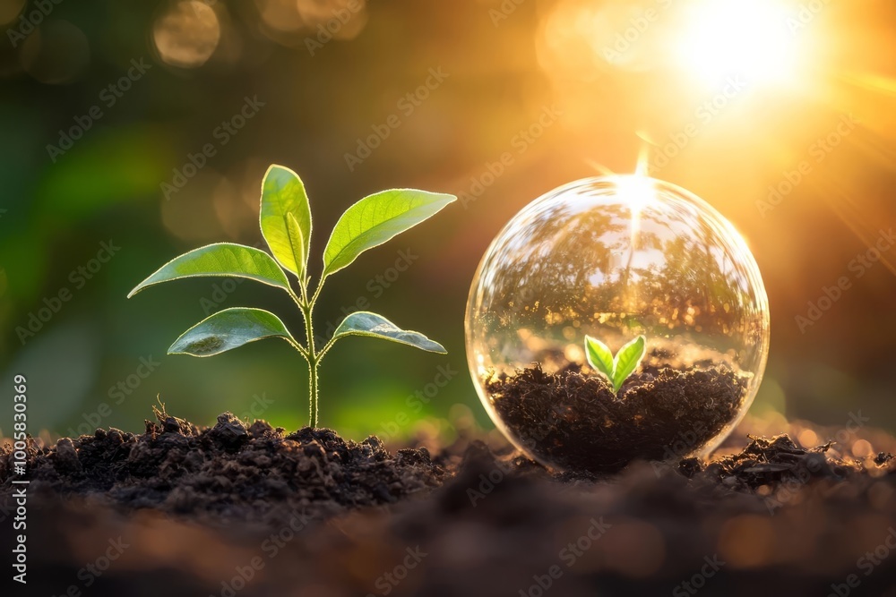 Fresh green plants growing in soil, illuminated by warm sunlight. Fresh green plants growing in soil, illuminated by warm sunlight.