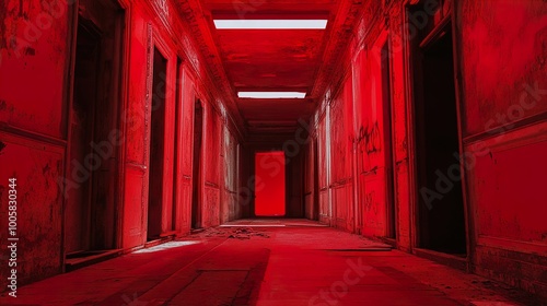 Red Hallway: Abandoned Building Interior Photography