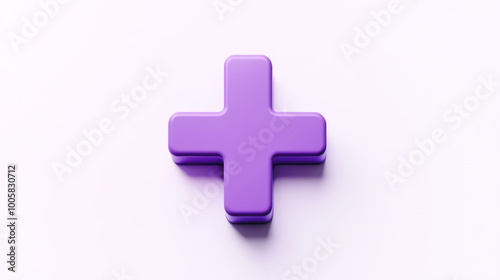 A simple, cartoon-style purple plus sign stands out against a white background. It represents first aid and healthcare, and symbolizes emergency help.