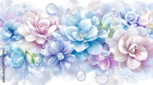 Watercolor Floral Border with Delicate Blue and Pink Flowers