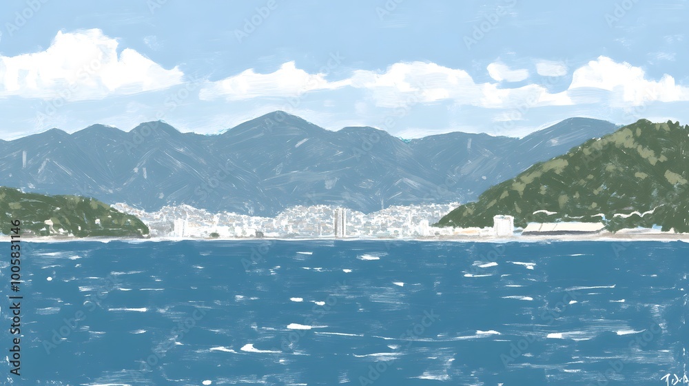 Obraz premium Blue Ocean with Mountains and Cityscape in Background