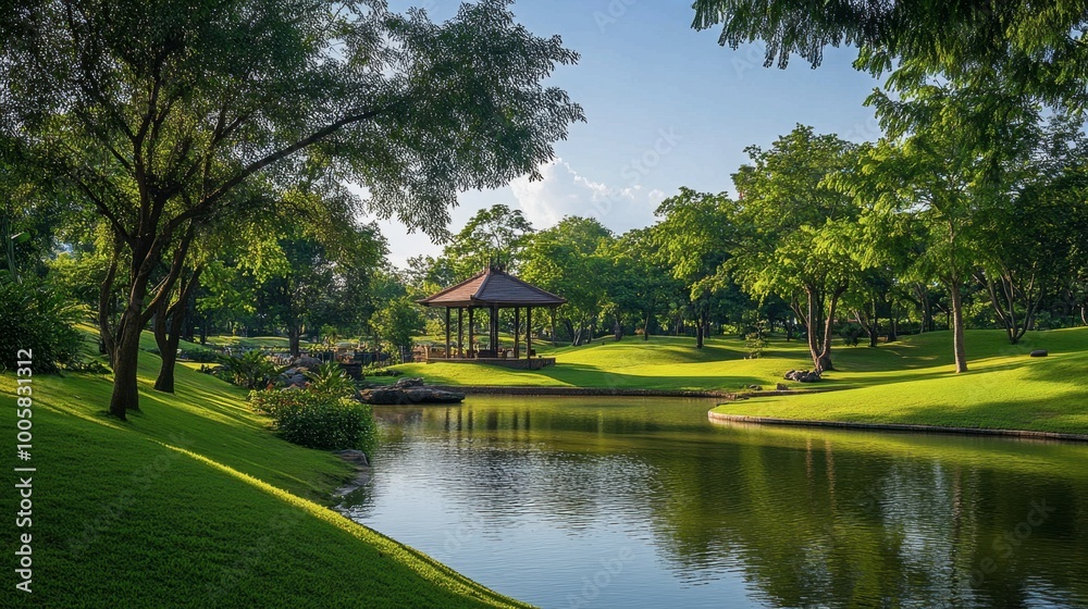 Fototapeta premium The peaceful and green surroundings of Thao Suranaree Memorial Park in the heart of Korat.