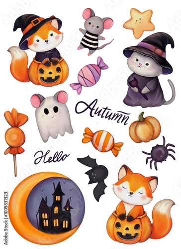 Autumn and Halloween Sticker Pack: Adorable Pumpkin, Fox, Cat, Mouse, Witch, and Candy Themed Stickers, Perfect for Fall Celebrations, Halloween Decor, Fun and Festive Designs for Crafts Scrapbooking