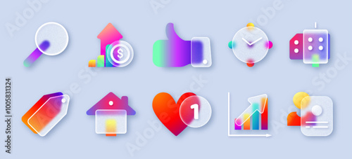 Transparent matte glass morphism ui icon set with neon gradient. Realistic modern 3d frosted buttons of business growth graph, price tag, time, thumbs up and magnifying glass for website or mobile app