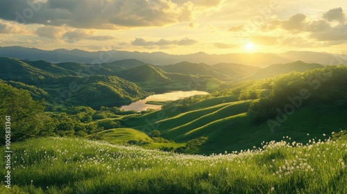 Rolling green hills of Kurumayama Plateau with a distant view of Lake Shirakaba reflecting the golden hues of the setting sun. photo