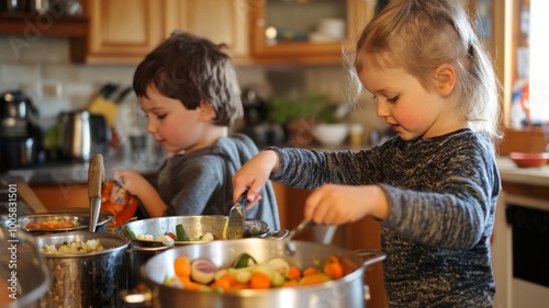 Young Girl Cooking Vegetables With Her Brother In The Kitchen