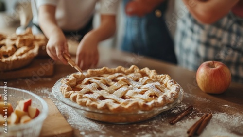 A freshly baked apple pie with powdered sugar on a wooden table