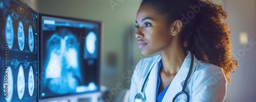 A focused female doctor analyzes medical scans on a computer screen in a modern healthcare setting.