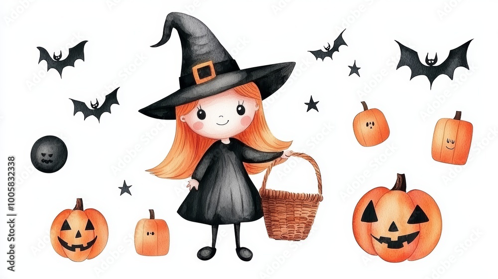 A cute little Halloween character in an orange witch outfit, with a basket in hand and spooky decorations around.