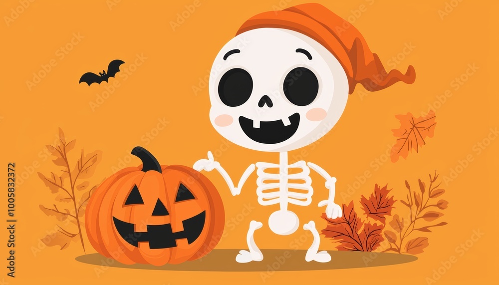 A cute skeleton with a big grin, dressed in a cozy orange hat, holding a smiling pumpkin, perfect for a fun and family-friendly Halloween scene. A cute skeleton with a big grin, dressed in a cozy orange hat, holding a smiling pumpkin, perfect for a fun and family-friendly Halloween scene.