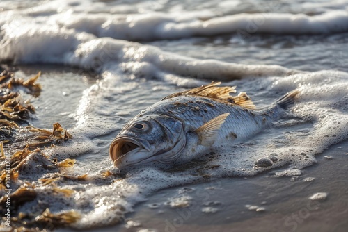 Dead fish washing up on the shore of a polluted beach, marine life loss, ocean pollution photo