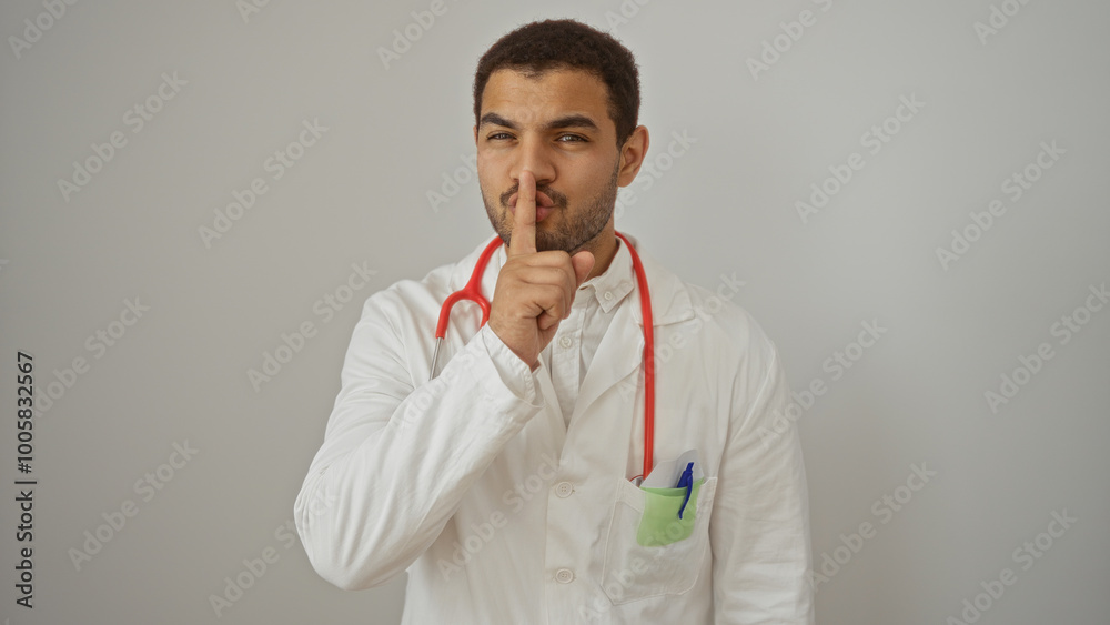 Hispanic doctor making shush gesture wearing white coat over isolated white background Hispanic doctor making shush gesture wearing white coat over isolated white background