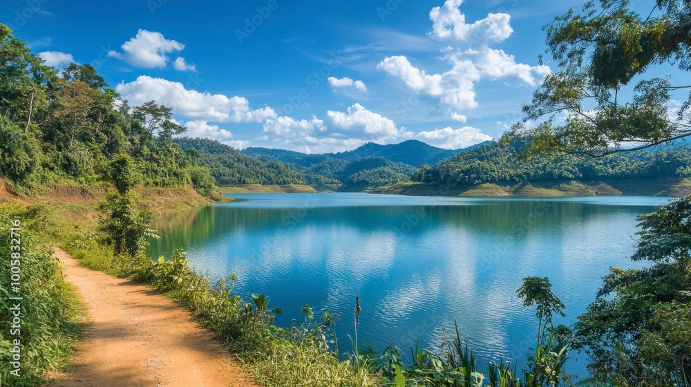 Obraz premium The peaceful Lam Takhong Reservoir with the reflection of the blue sky on the water.