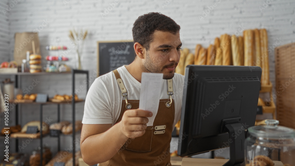 Hispanic man in a brown apron working at a bakery, holding a receipt and focusing on a computer screen, surrounded by an assortment of fresh bread and pastries on shelves. Hispanic man in a brown apron working at a bakery, holding a receipt and focusing on a computer screen, surrounded by an assortment of fresh bread and pastries on shelves.