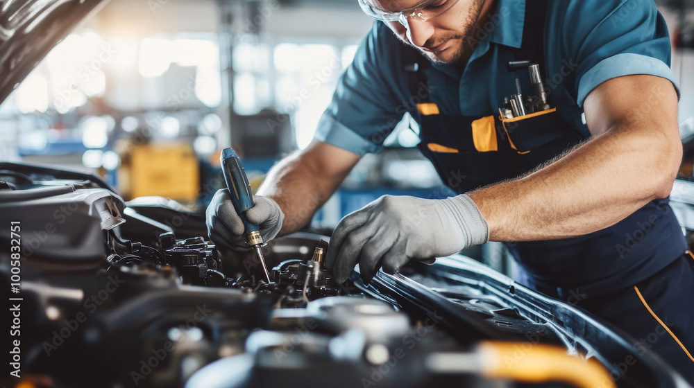 A skilled mechanic carefully fixes a car in a repair shop. A skilled mechanic carefully fixes a car in a repair shop.