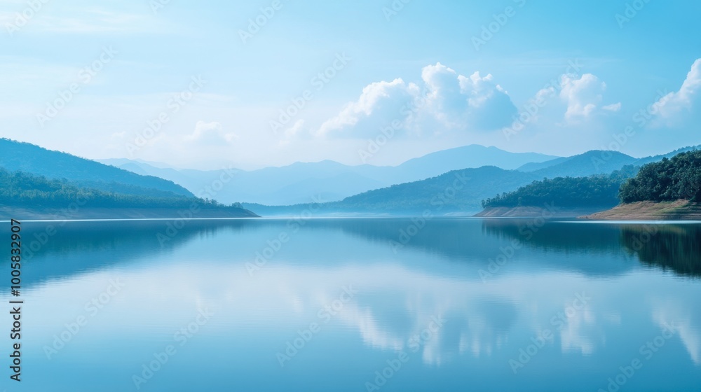 The peaceful Lam Takhong Reservoir with the reflection of the blue sky on the water.
