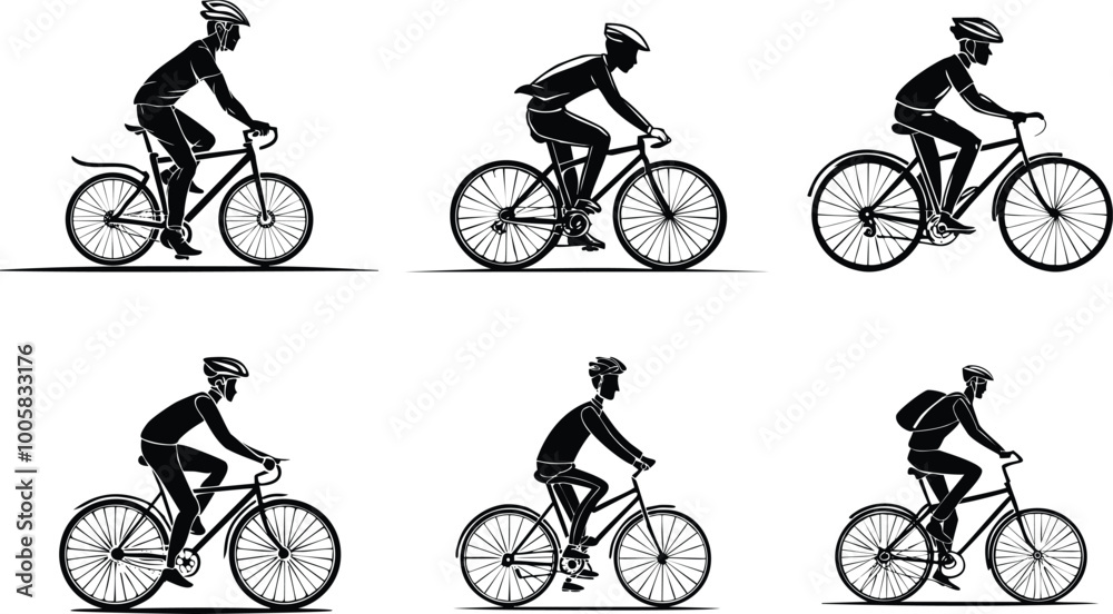 Obraz premium Bicycle Riding Silhouette Set. Collection of Bicycle Rider on Isolated White Background.