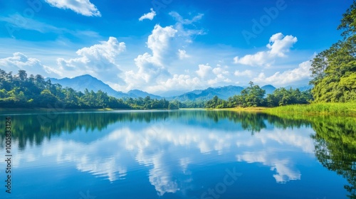 The peaceful Lam Takhong Reservoir with the reflection of the blue sky on the water.