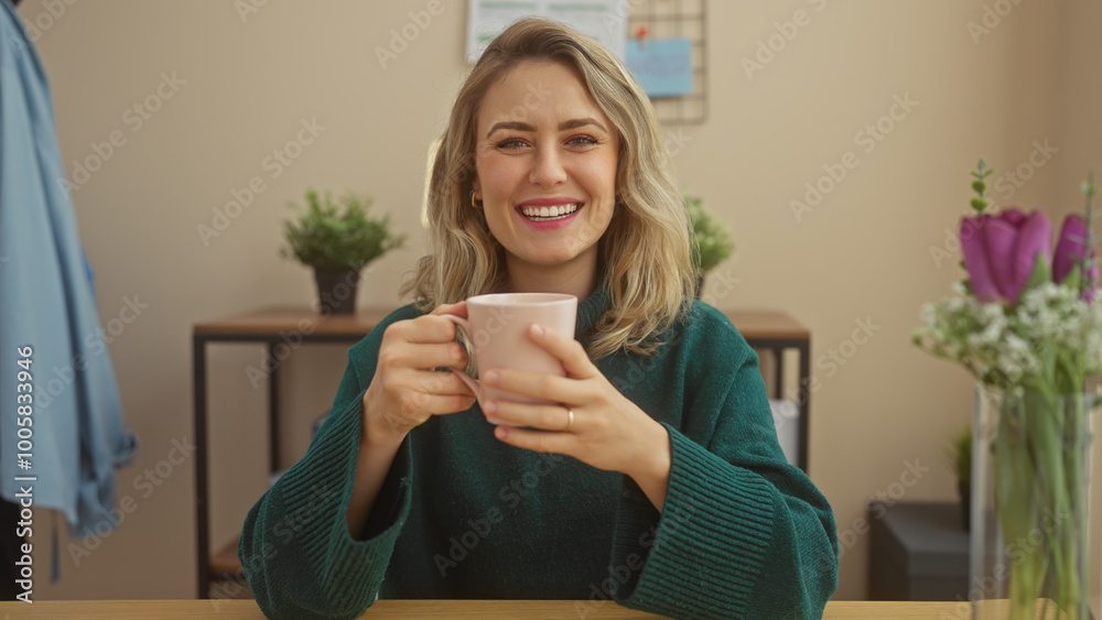 Smiling young woman enjoying coffee at home, with modern interior decor. Smiling young woman enjoying coffee at home, with modern interior decor.