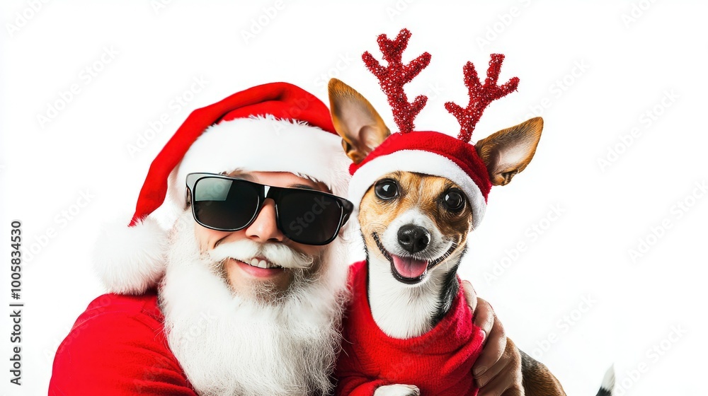 Santa and his helper in sunglasses striking a pose with a Jack Russell Terrier in a reindeer costume. The white background adds space for holiday greetings or text. Santa and his helper in sunglasses striking a pose with a Jack Russell Terrier in a reindeer costume. The white background adds space for holiday greetings or text.
