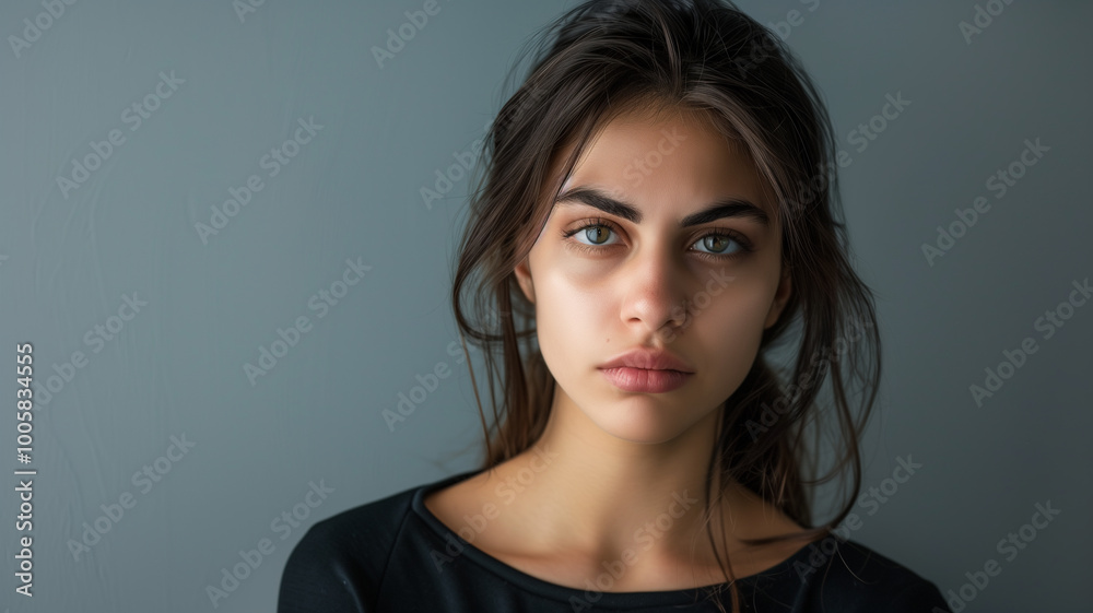 Portrait of a woman with sad face expression isolated on gray background Portrait of a woman with sad face expression isolated on gray background