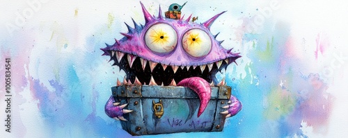 A monstrous mimic with sharp fangs and a wild tongue, disguised as a treasure chest, with an eerie glowing eye perched on top, ready to ambush treasure hunters. photo