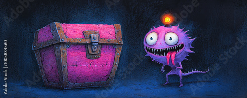 A monstrous mimic with sharp fangs and a wild tongue, disguised as a treasure chest, with an eerie glowing eye perched on top, ready to ambush treasure hunters. photo