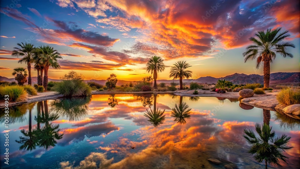 Palm Trees Reflecting Sunset Colors In Still Water Palm Trees Reflecting Sunset Colors In Still Water