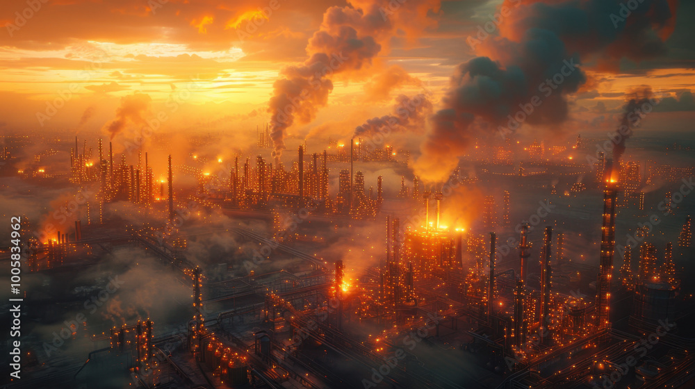 dramatic industrial landscape at sunset, showcasing towering smokestacks and glowing flames amidst thick smoke. scene evokes sense of both awe and concern for environment dramatic industrial landscape at sunset, showcasing towering smokestacks and glowing flames amidst thick smoke. scene evokes sense of both awe and concern for environment