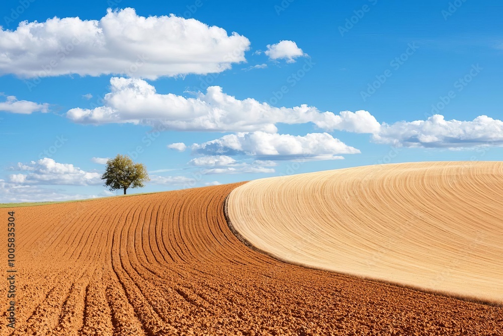 Naklejka premium Scenic agricultural landscape with a single tree against a blue sky and rolling hills.