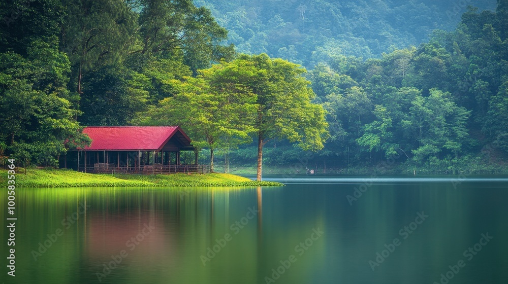 Obraz premium The serene lake and green surroundings at Lam Takhong Dam, a peaceful retreat.
