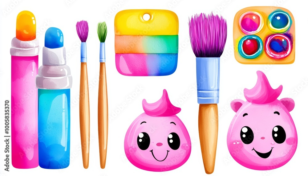 A set of cute, anthropomorphic art tools in watercolor, showcasing playful characters like a paintbrush, paint tube, and palette. A set of cute, anthropomorphic art tools in watercolor, showcasing playful characters like a paintbrush, paint tube, and palette.