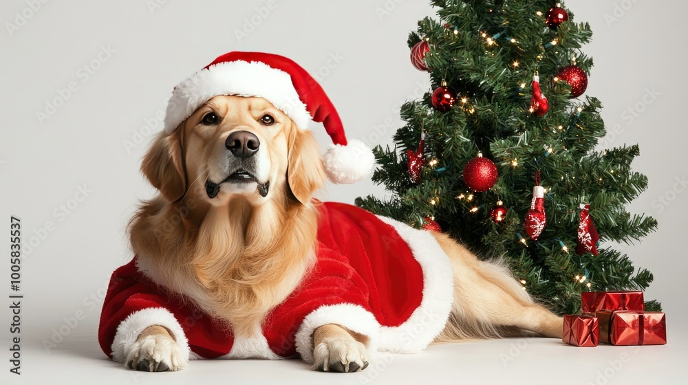 Santa dog! Golden Retriever in a Santa suit, lying down with a Christmas tree behind, set against a white background. Ideal for banner text or holiday messaging.