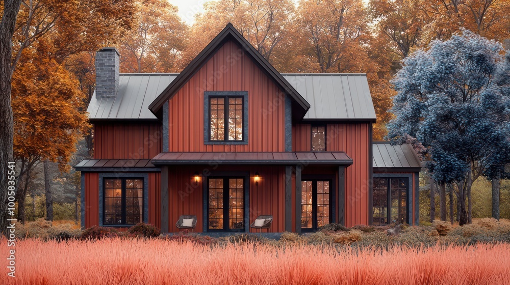 Chic farmhouse home with vertical cinnamon paneling, slate window trim, against coral grass and encased by indigo trees, reflecting both simplicity and modern elegance Chic farmhouse home with vertical cinnamon paneling, slate window trim, against coral grass and encased by indigo trees, reflecting both simplicity and modern elegance