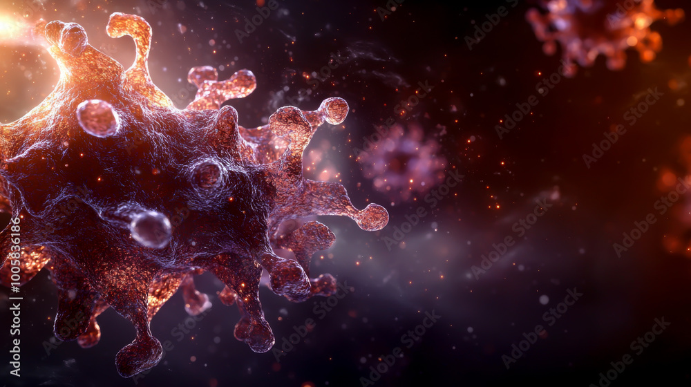A close up of a virus with a red and orange glow. The virus is surrounded by a cloud of fire A close up of a virus with a red and orange glow. The virus is surrounded by a cloud of fire