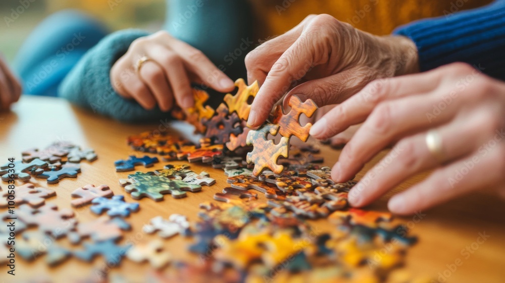 Close-up of hands placing puzzle pieces on a wooden table Close-up of hands placing puzzle pieces on a wooden table