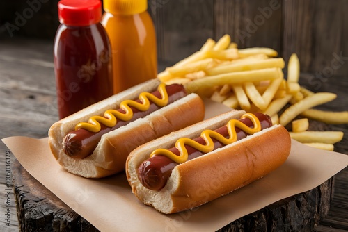 Hotdogs with mustard and ketchup, french fries beside, rustic background photo