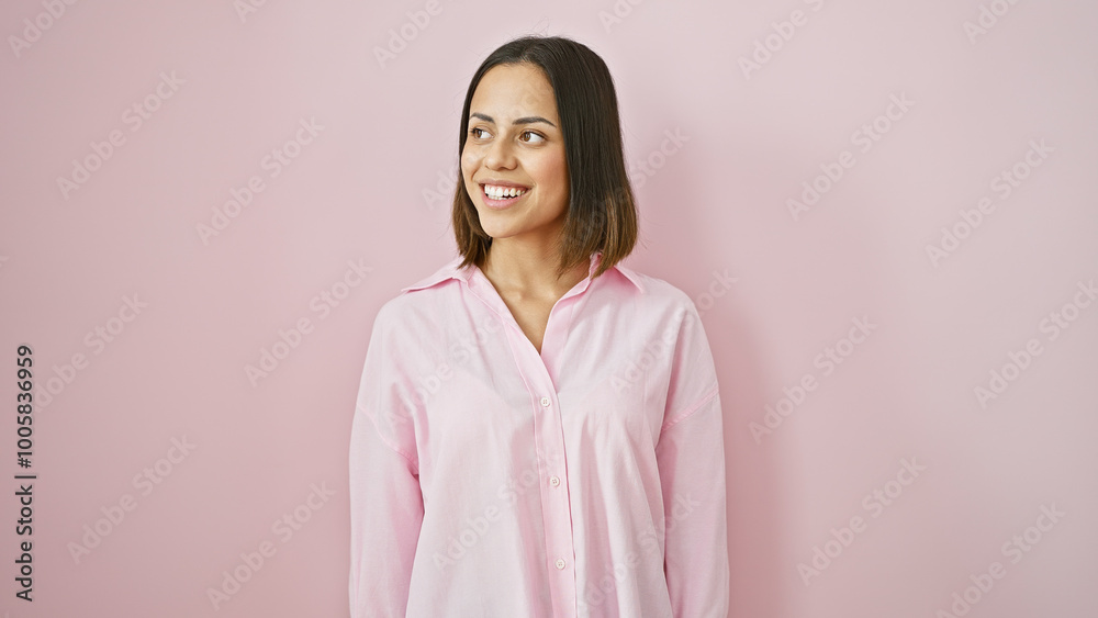 Portrait of a smiling young hispanic woman in a pink shirt against an isolated pink background. Portrait of a smiling young hispanic woman in a pink shirt against an isolated pink background.