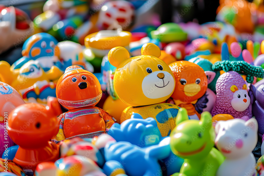 A bunch of stuffed animals, including a yellow teddy bear, are piled on top of each other A bunch of stuffed animals, including a yellow teddy bear, are piled on top of each other