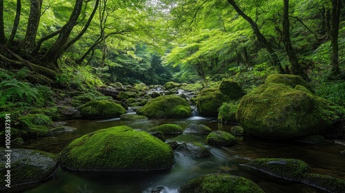 Scenic view of the Rock Garden in Mt. Mitake, where moss-covered rocks and a calm stream wind through the forest, surrounded by lush greenery in the valley.