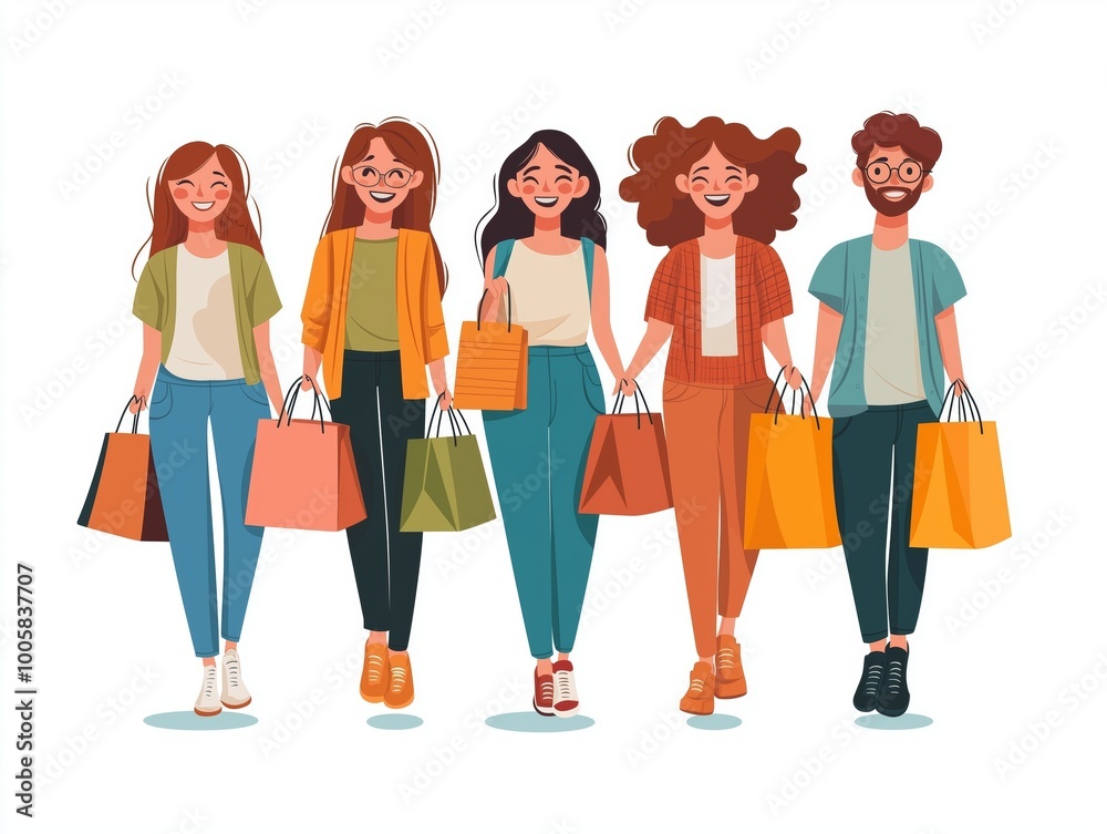 Obraz premium Happy shoppers carrying bags with sale text on Black Friday, illustration on white background