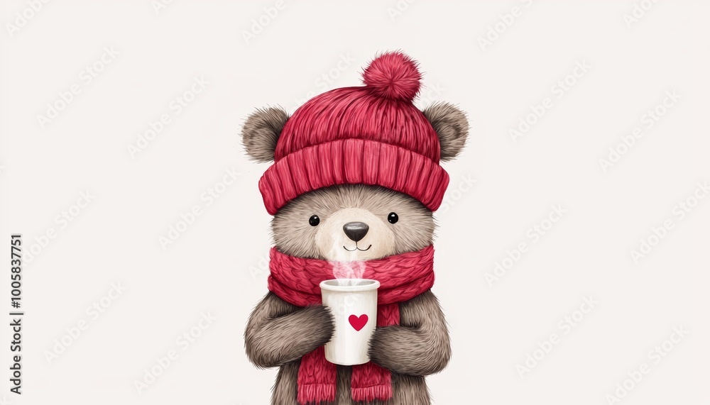 Adorable, chubby bear wrapped in a warm scarf and hat, sipping a hot drink on a chilly day. Adorable, chubby bear wrapped in a warm scarf and hat, sipping a hot drink on a chilly day.