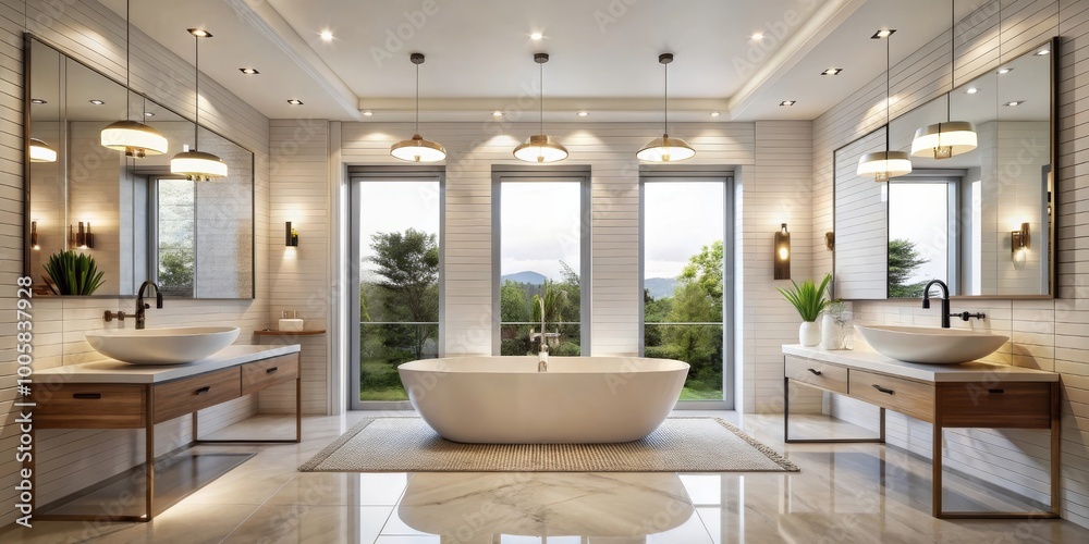 Fototapeta premium Luxurious Modern Bathroom with Freestanding Tub and Twin Basins in Minimalist Design