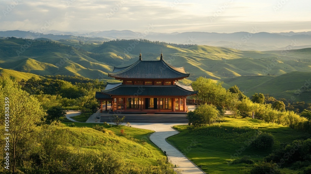 Fototapeta premium The tranquil setting of the Sikhio Buddha Footprint Temple, surrounded by rolling hills.