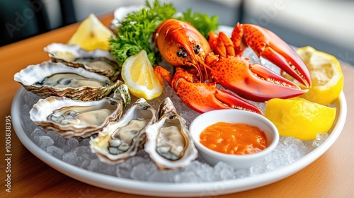 A beautiful arrangement of fresh seafood, featuring oysters, lobster, lemon, and a zesty dipping sauce.